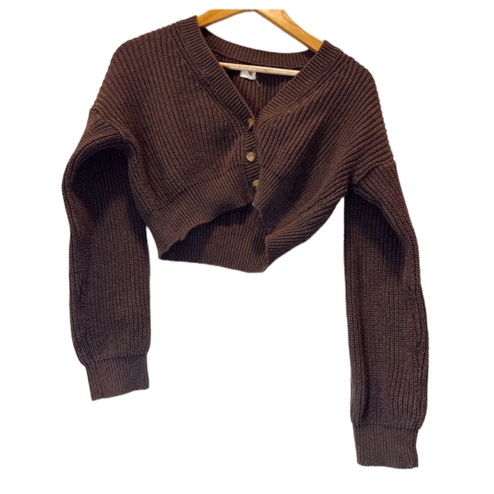 BDG Cropped Ribbed Knit Cardigan in Dark Brown